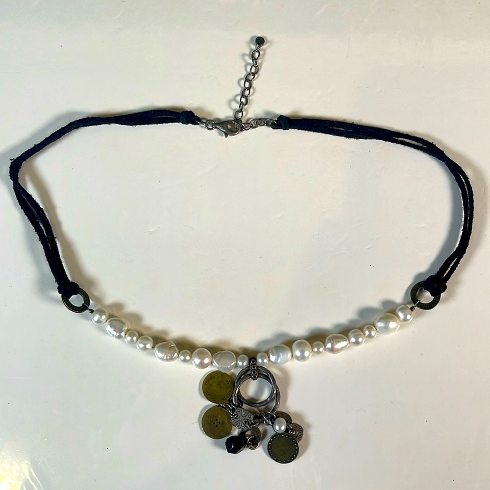 Silpada Suede & Sterling Silver, Pearl, Obsidian & Brass Coin Necklace. retired.
